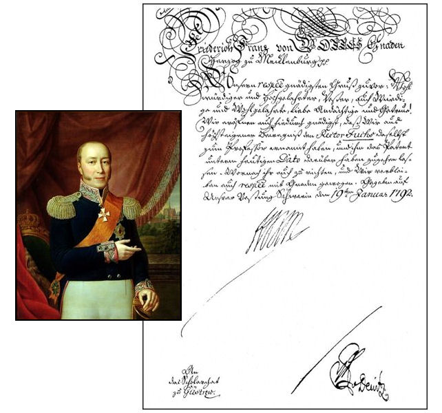 Duke Friedrich Franz I and the patent naming Adolf Friedrich Fuchs a Professor